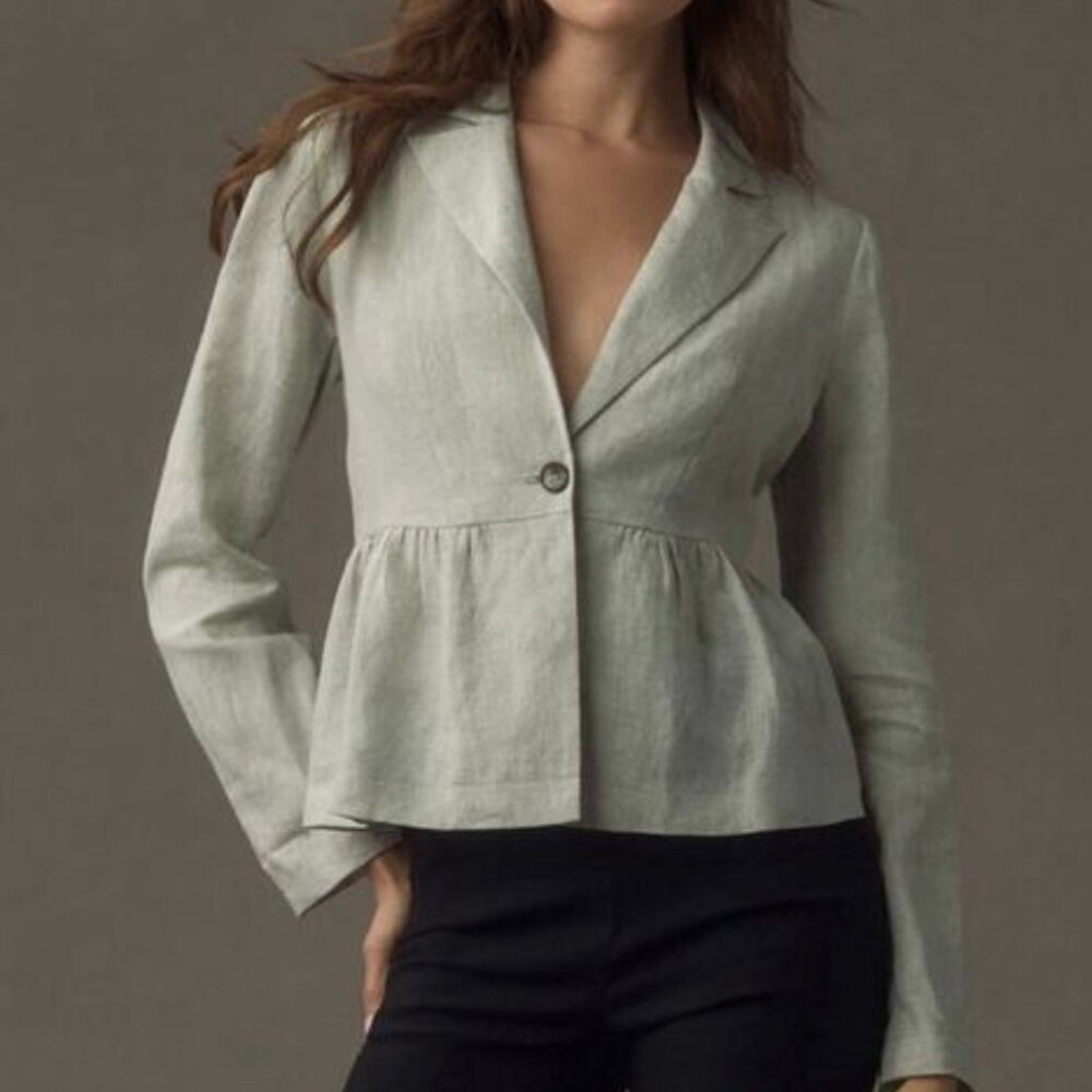 ANTHROPOLOGIE Dolan Linen Peplum Blazer Jacket Sage Green Button Front Size M